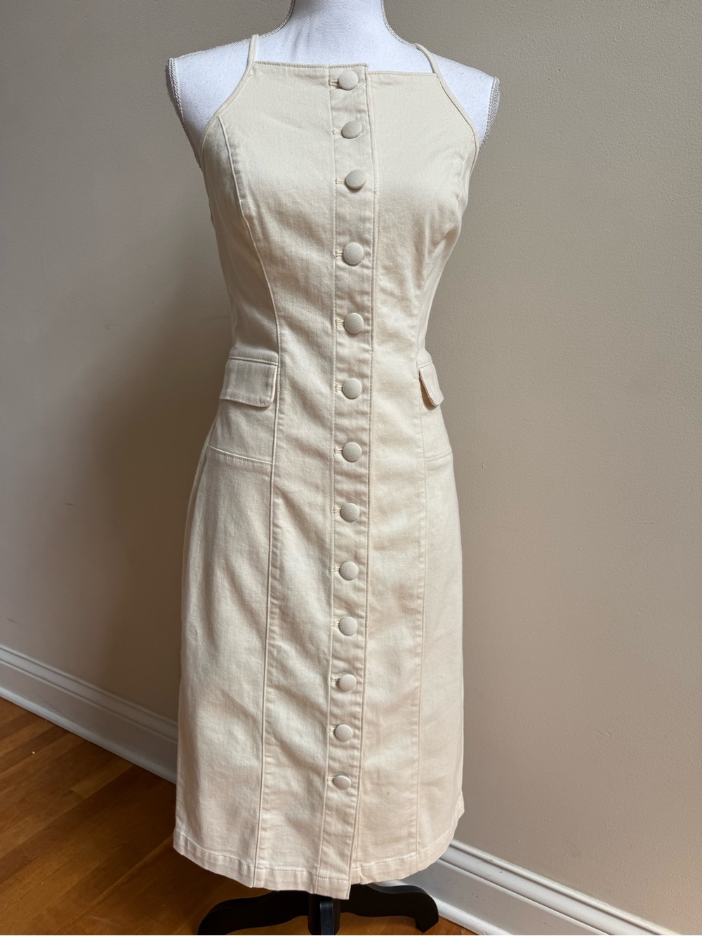 White House Black Market Cream Denim Button-Front Midi Sheath Dress, NWT, Size 6